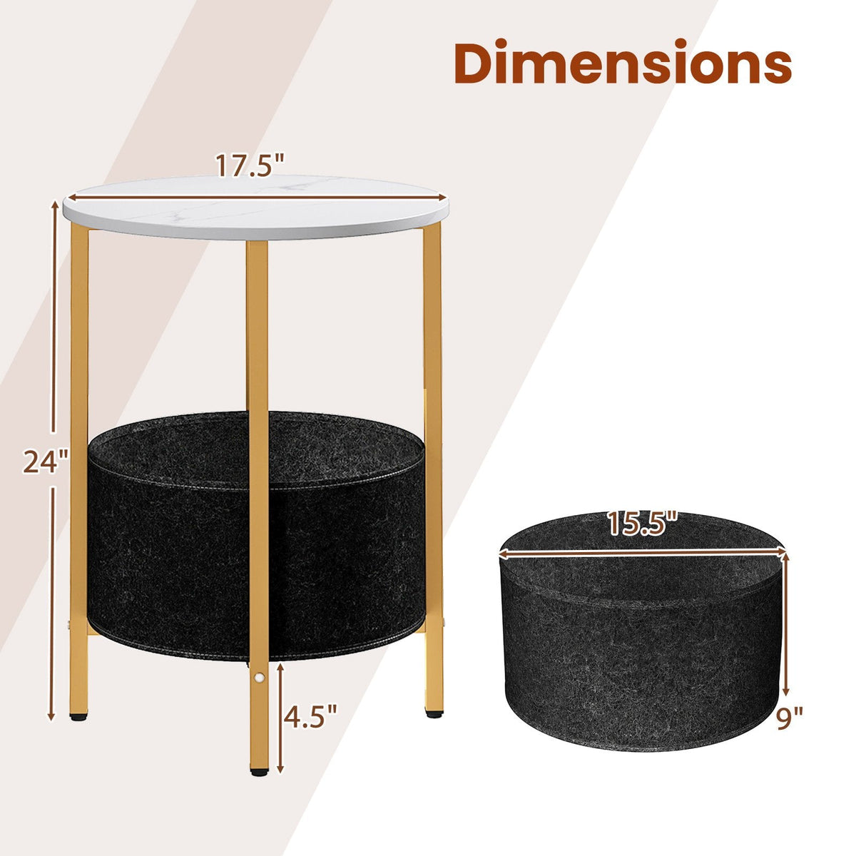 Round End Table 2-Tier Side Table with Removable Fabric Basket and Metal Frame-White