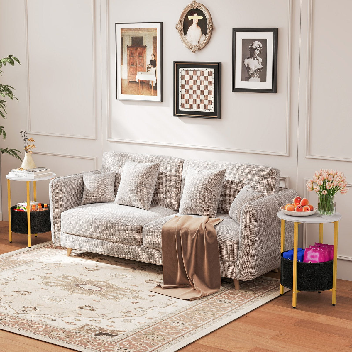 Round End Table 2-Tier Side Table with Removable Fabric Basket and Metal Frame-White