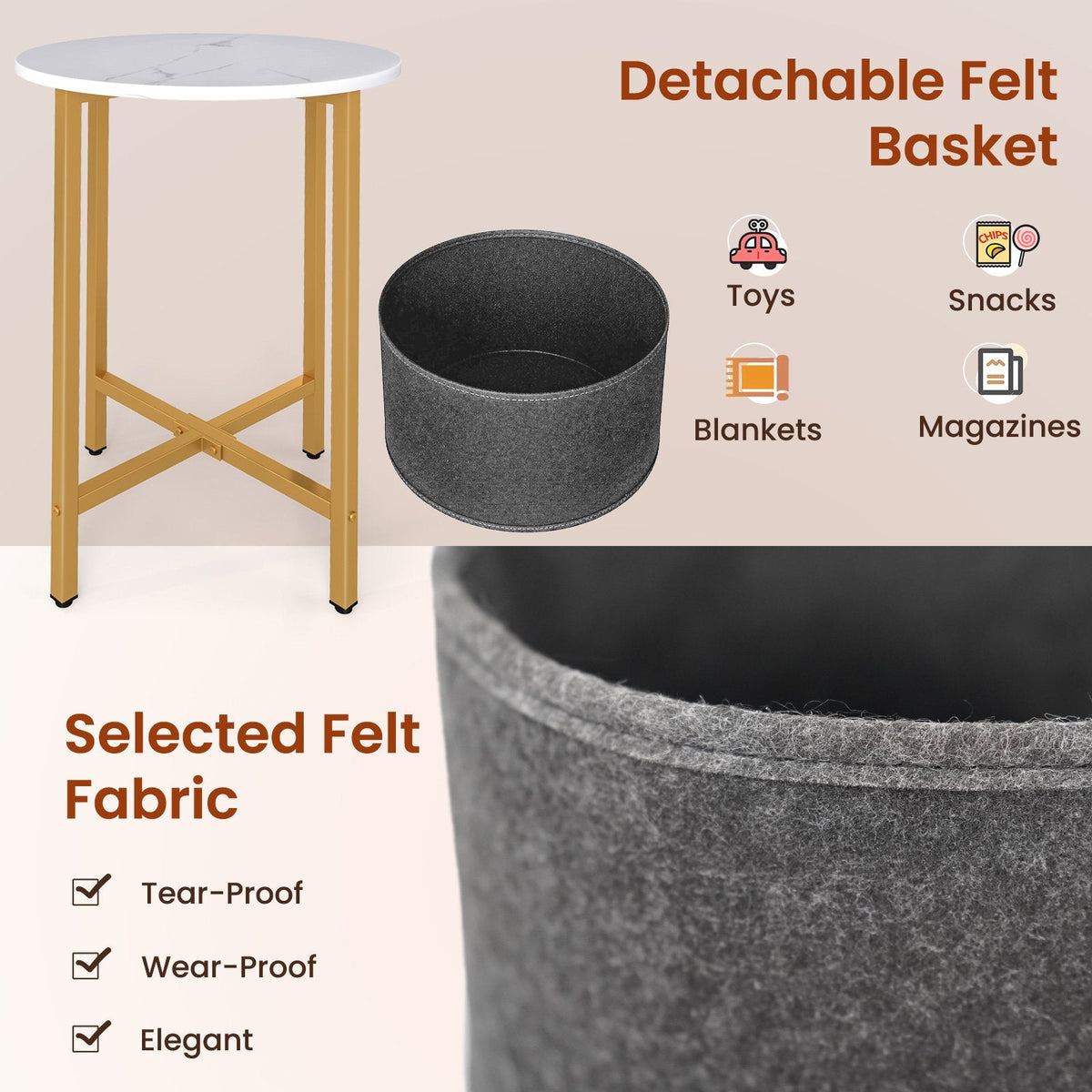 Round End Table 2-Tier Side Table with Removable Fabric Basket and Metal Frame-White