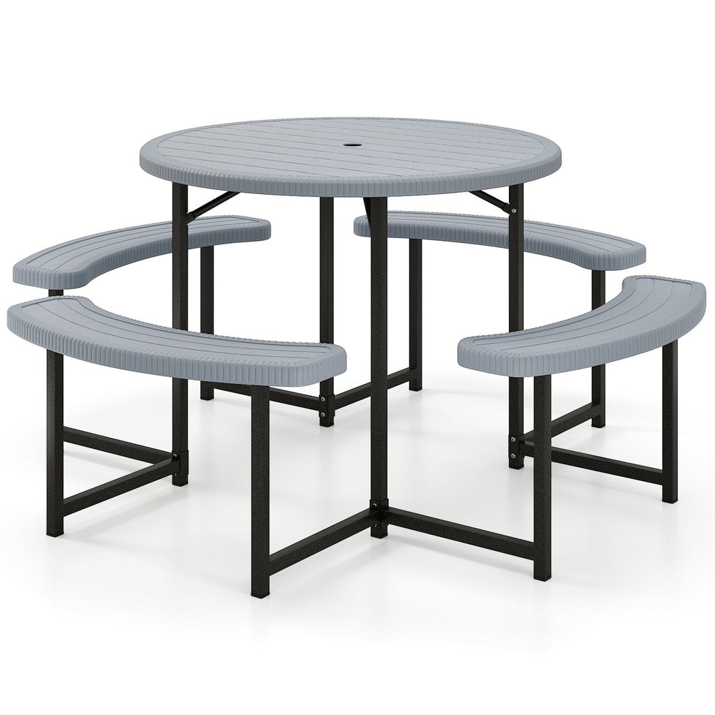 Round Picnic Table Bench Set with 4 Benches and Umbrella Hole for Patio Lawn-Gray