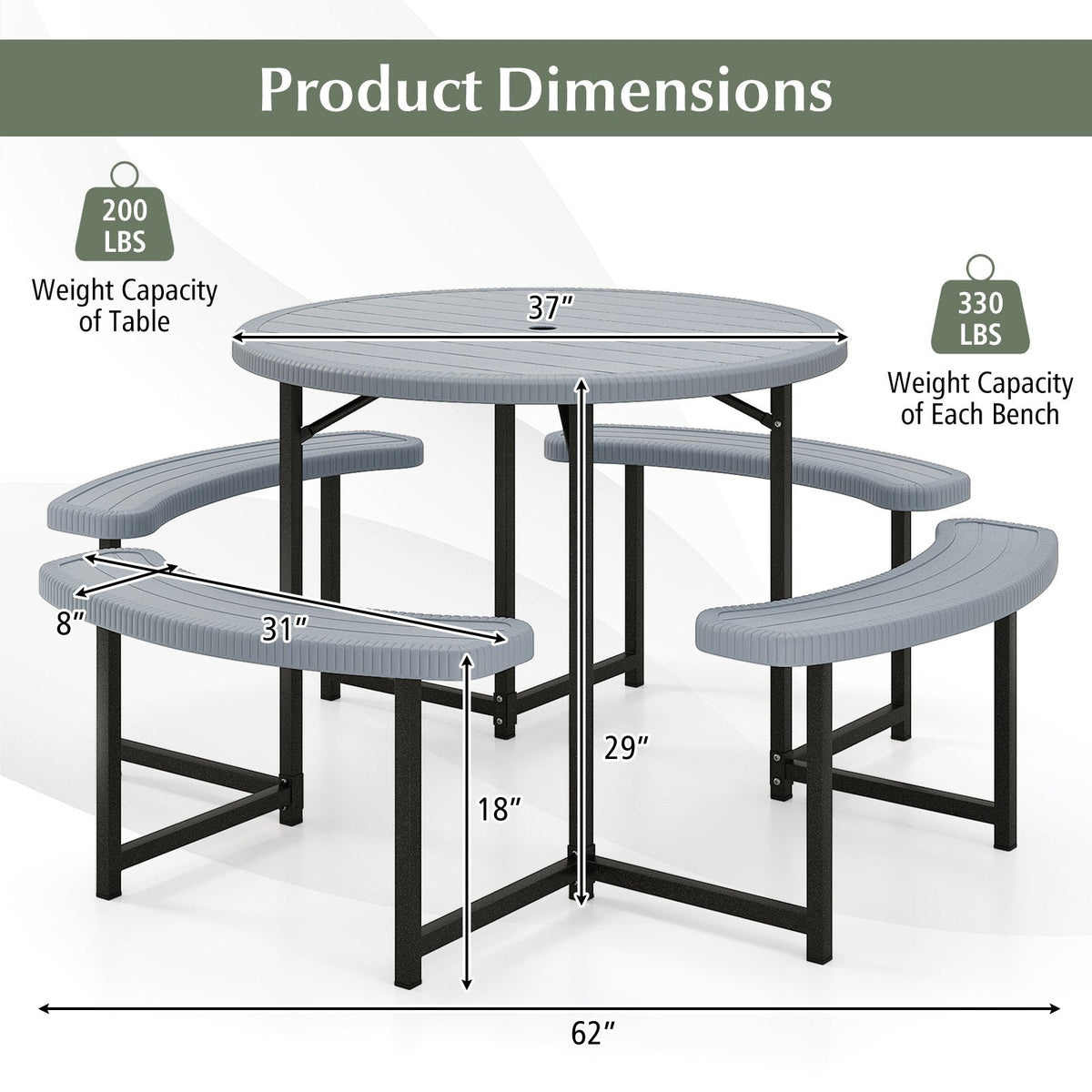 Round Picnic Table Bench Set with 4 Benches and Umbrella Hole for Patio Lawn-Gray