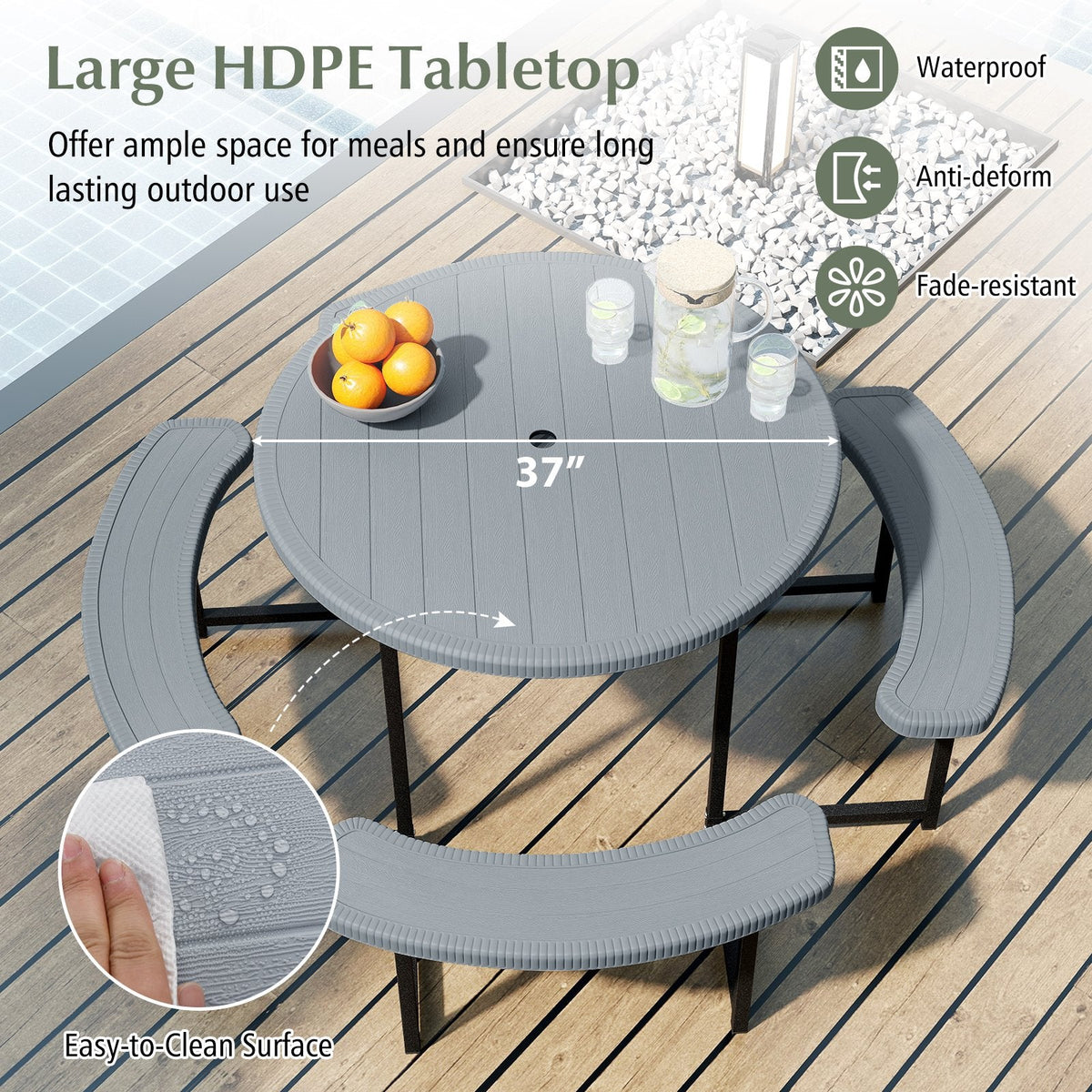 Round Picnic Table Bench Set with 4 Benches and Umbrella Hole for Patio Lawn-Gray