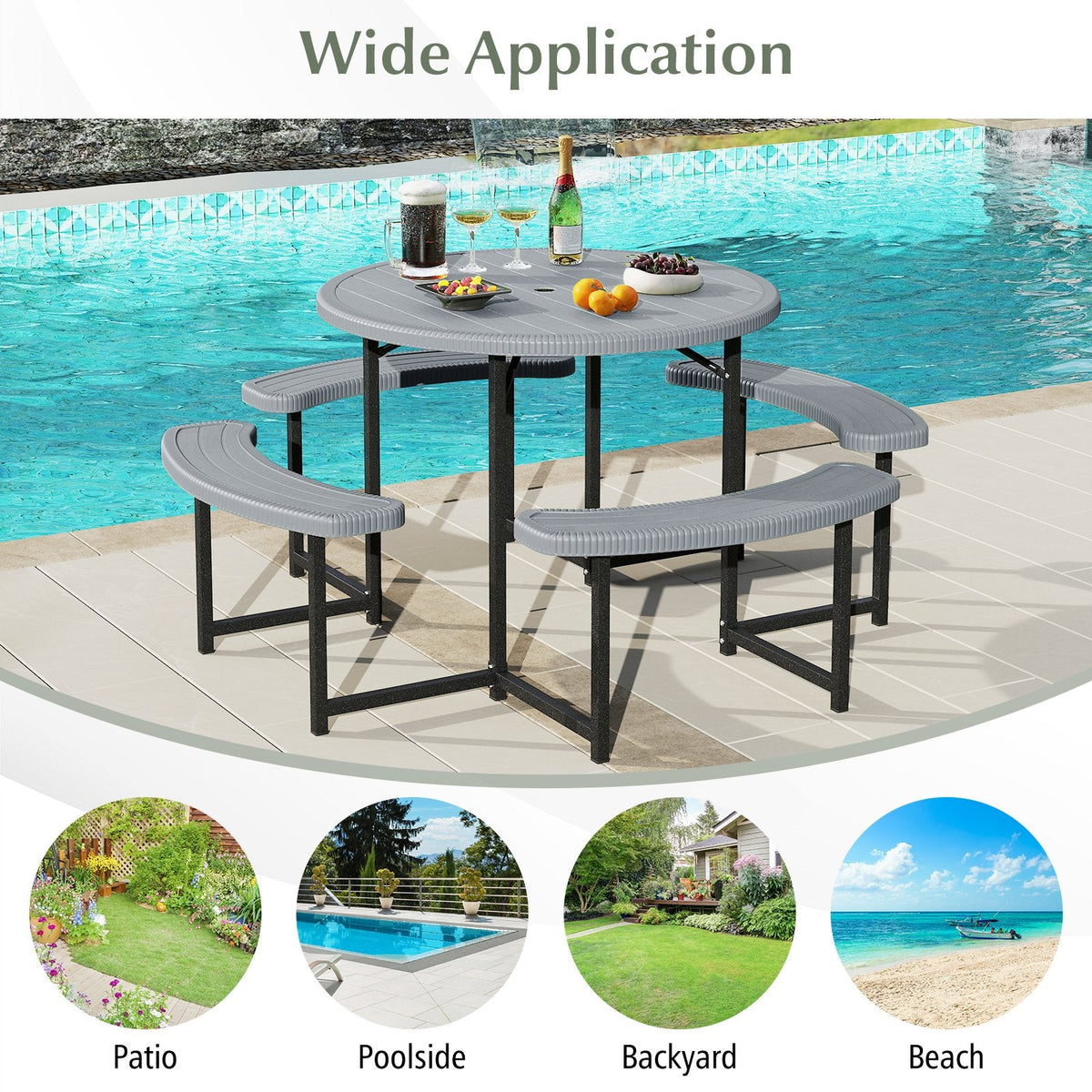Round Picnic Table Bench Set with 4 Benches and Umbrella Hole for Patio Lawn-Gray