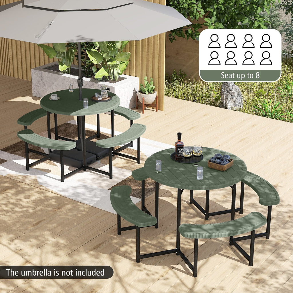 Round Picnic Table Bench Set with 4 Benches and Umbrella Hole for Patio Lawn-Green