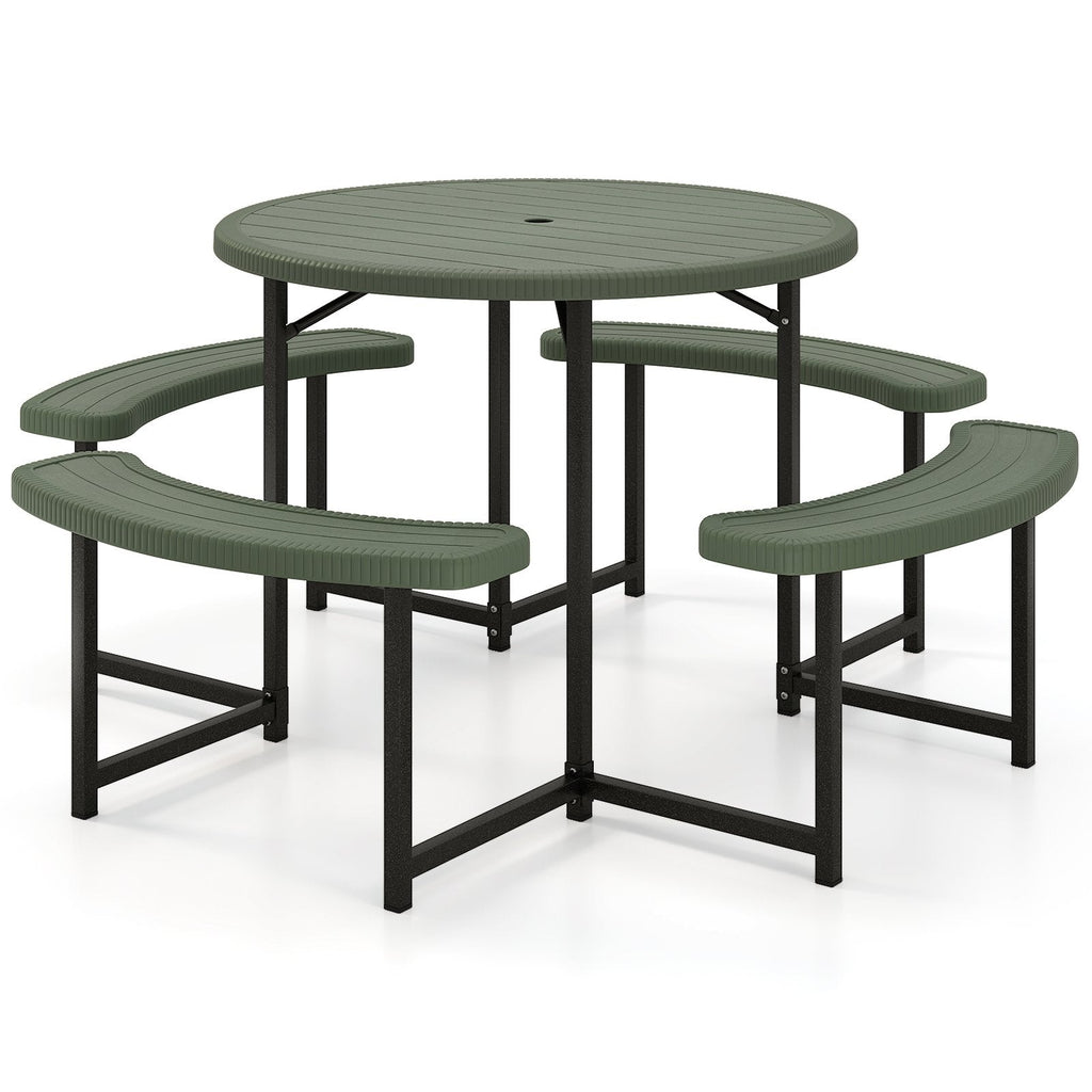 Round Picnic Table Bench Set with 4 Benches and Umbrella Hole for Patio Lawn-Green