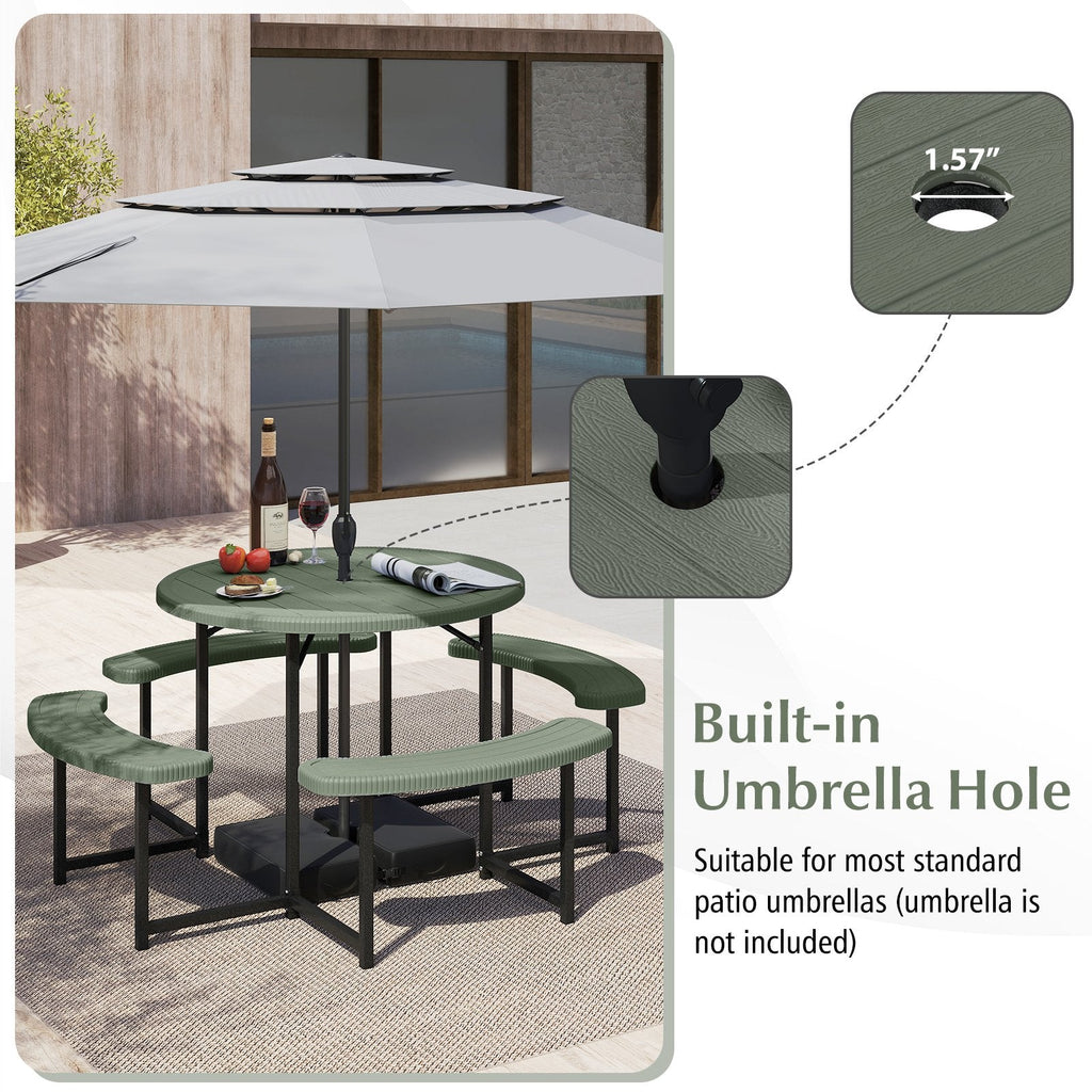 Round Picnic Table Bench Set with 4 Benches and Umbrella Hole for Patio Lawn-Green