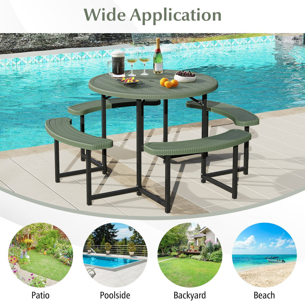 Round Picnic Table Bench Set with 4 Benches and Umbrella Hole for Patio Lawn-Green