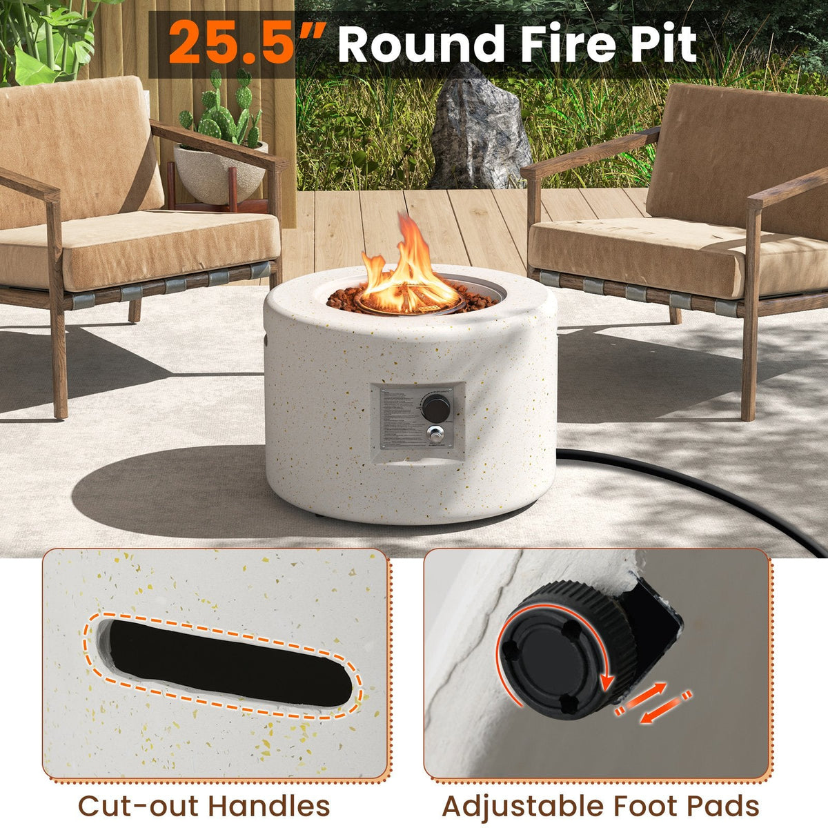 Round Terrazzo Propane Gas Fire Pit Protective PVC Cover, Lava Rocks Included