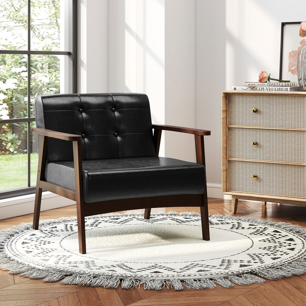 Rubber Wood Frame Accent Chair with Armrest for Living Room-Black