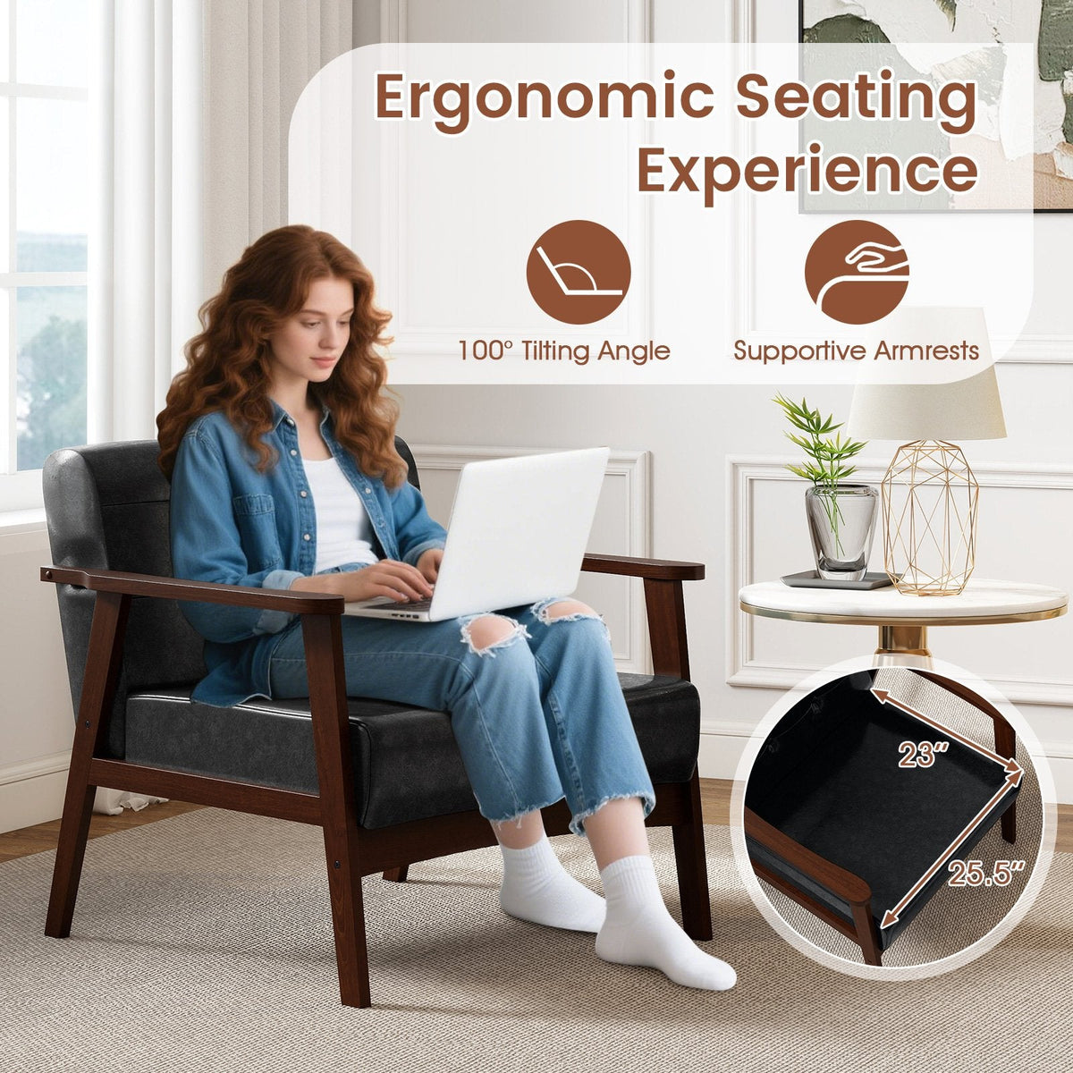 Rubber Wood Frame Accent Chair with Armrest for Living Room-Black