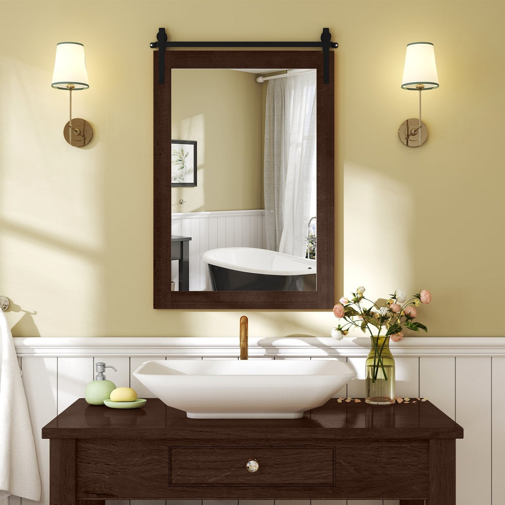 Rustic Wood Frame Barn Door Style Farmhouse Wall Mirror-Walnut