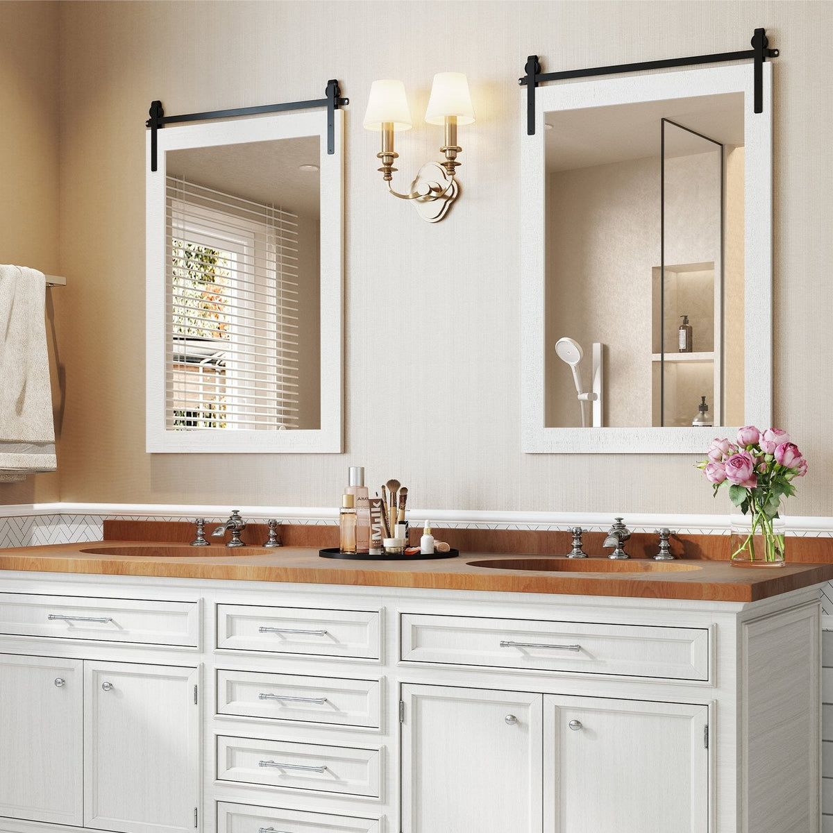 Rustic Wood Frame Barn Door Style Farmhouse Wall Mirror-White