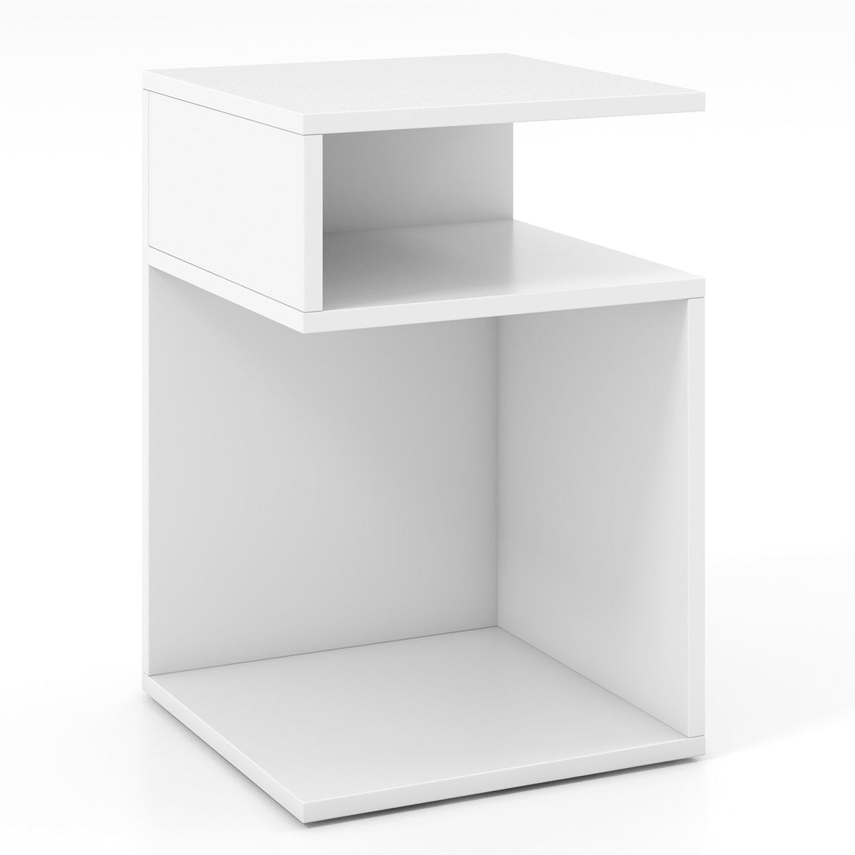 S-Shaped Side Table with 2 Open Compartments, White