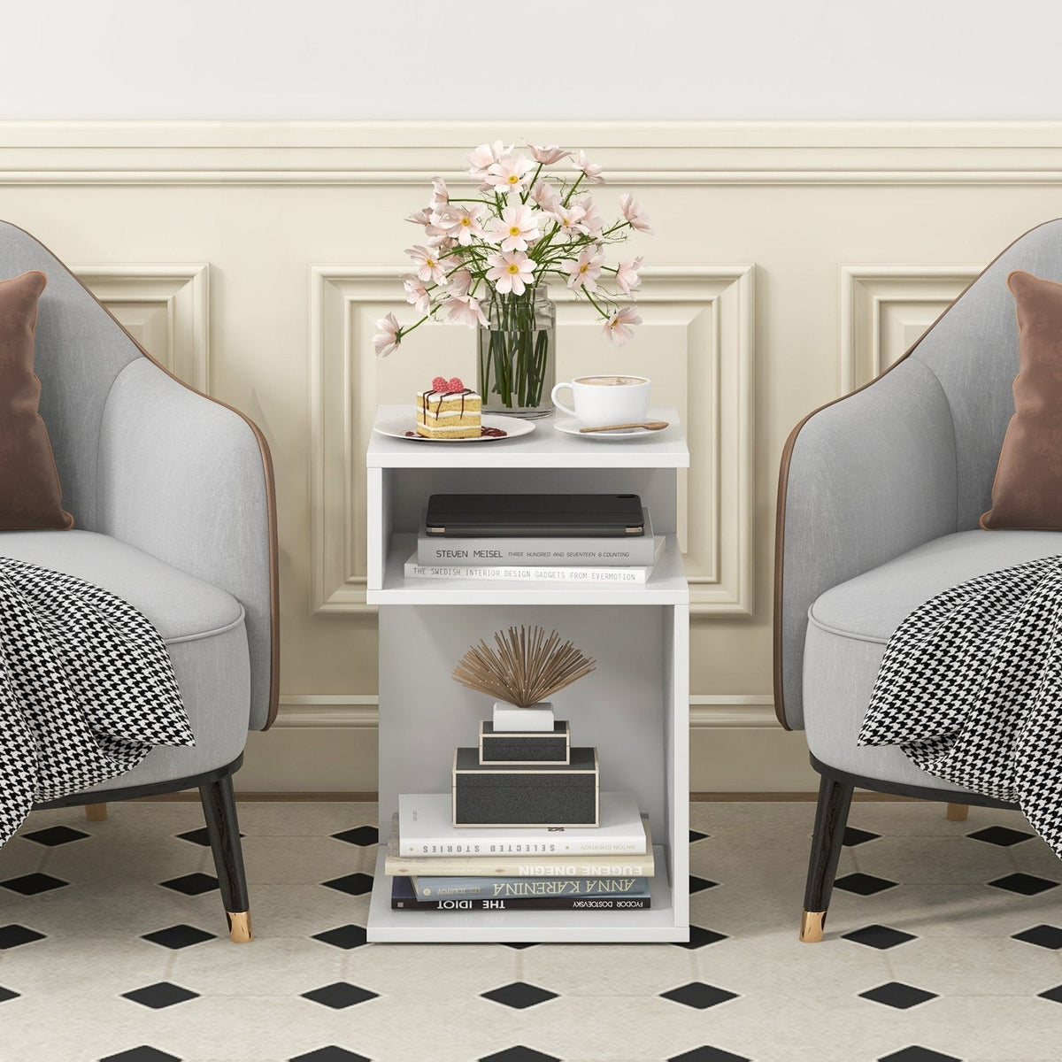 S-Shaped Side Table with 2 Open Compartments, White