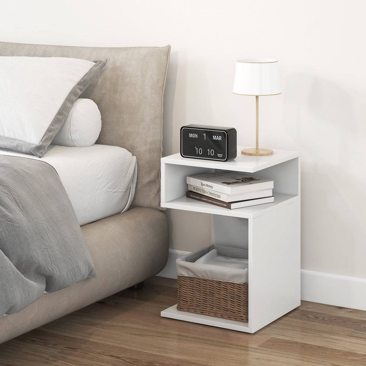 S-Shaped Side Table with 2 Open Compartments, White