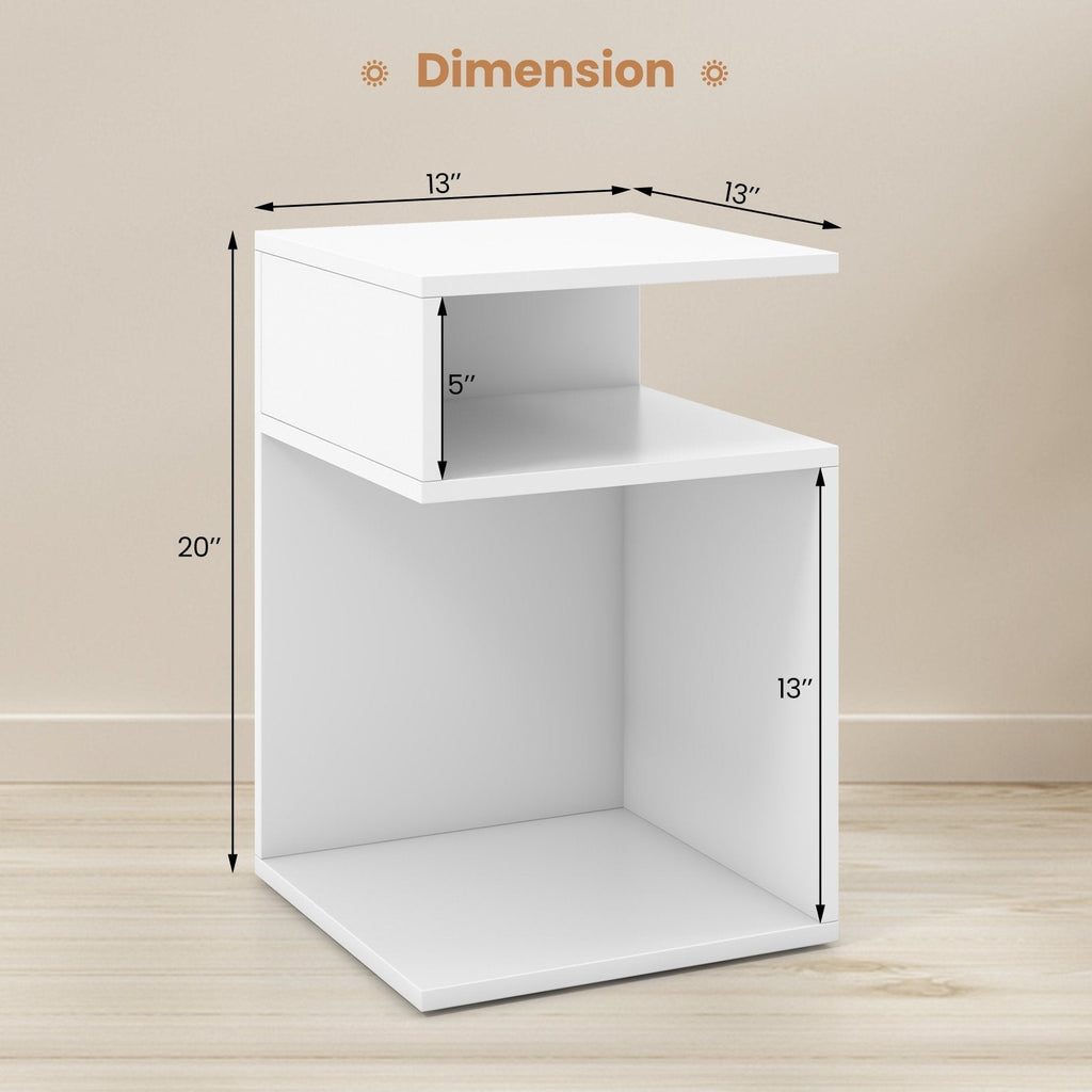 S-Shaped Side Table with 2 Open Compartments, White