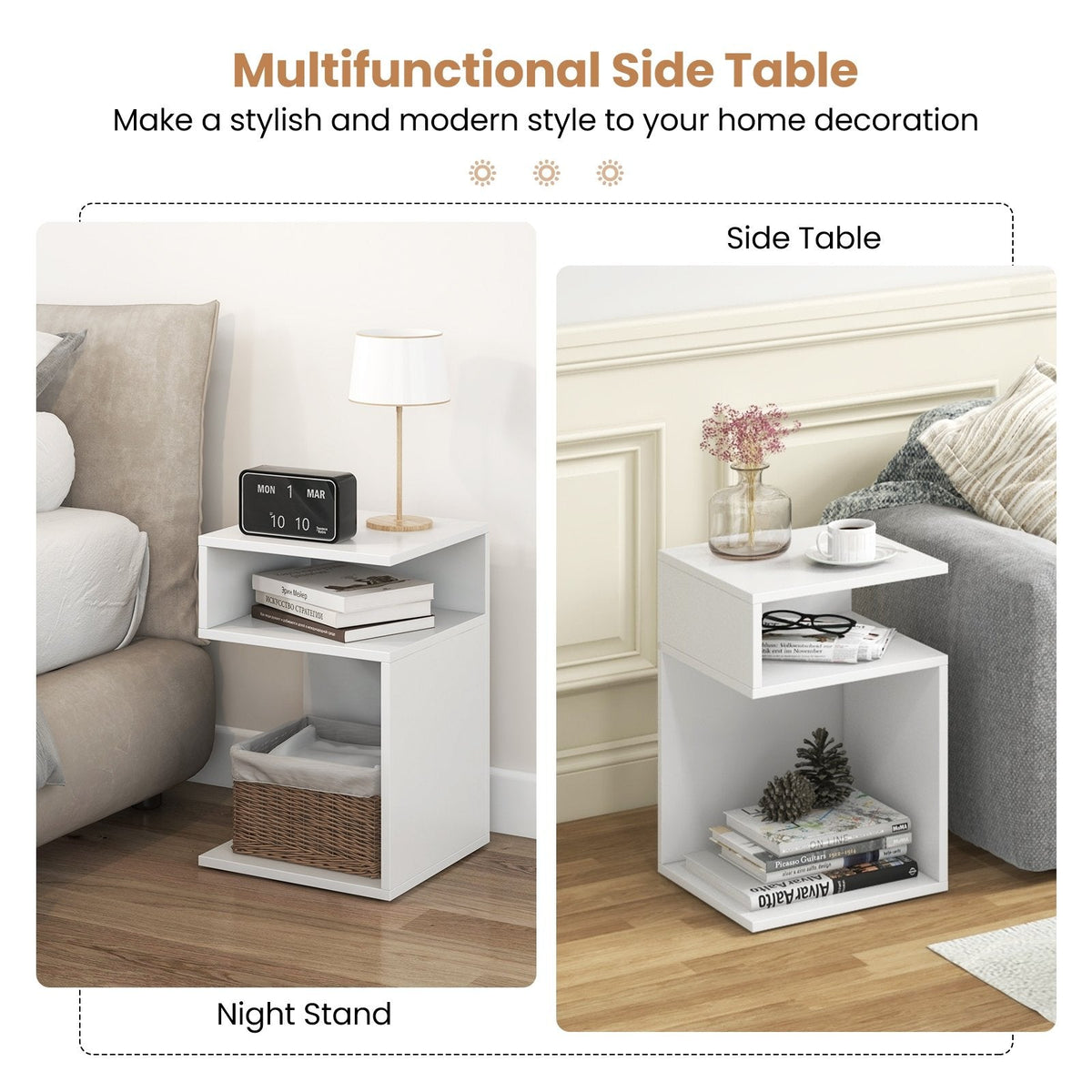 S-Shaped Side Table with 2 Open Compartments, White