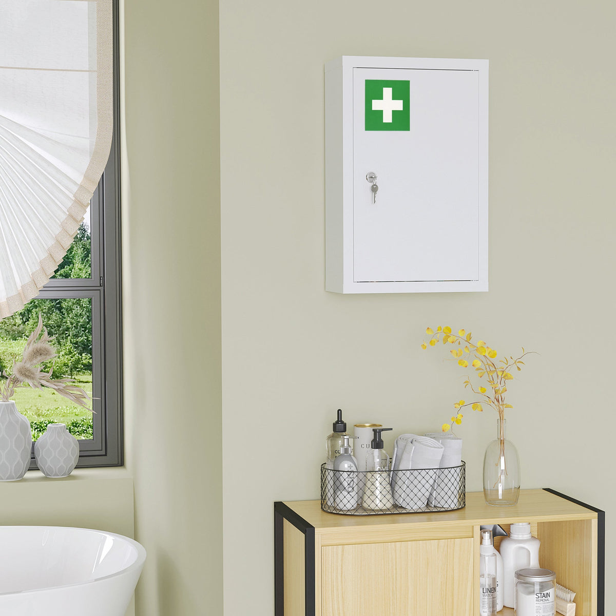 Lockable Medicine Cabinet, 3 Tier Steel Medical Wall Box with 2 Keys and Shelves for Bathroom, White