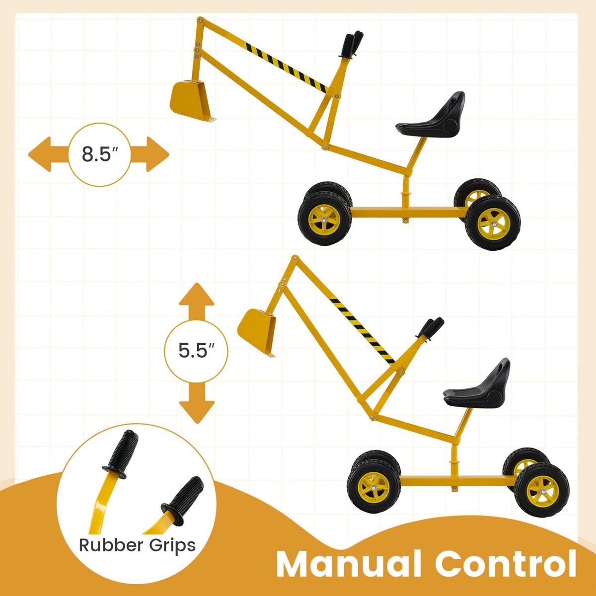 Sand Digger for Kids with 2-Handed Controls and Flexible Shovel-Yellow