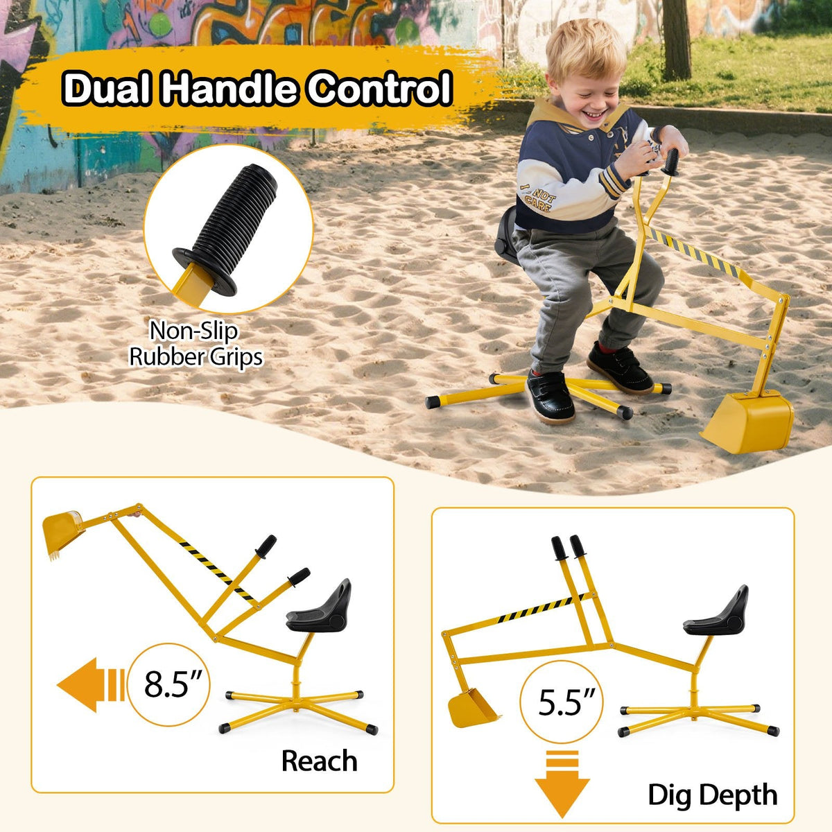 Sand Digger with 2-Handed Controls and Flexible Shovel for 3+ Years Old Kids-Yellow