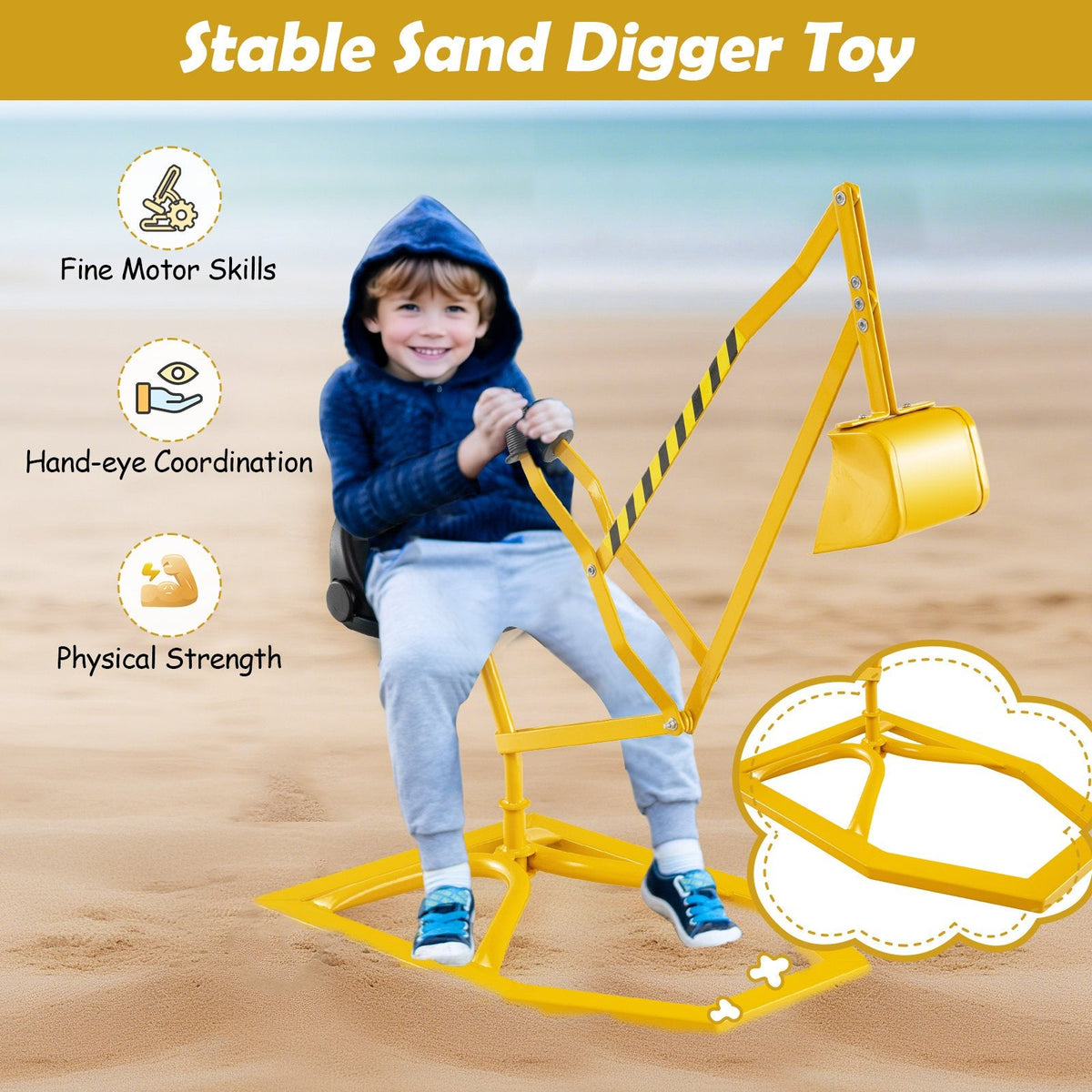 Sandbox Toy Digger with 2-Handed Controls and Flexible Shovel for Kids-Yellow