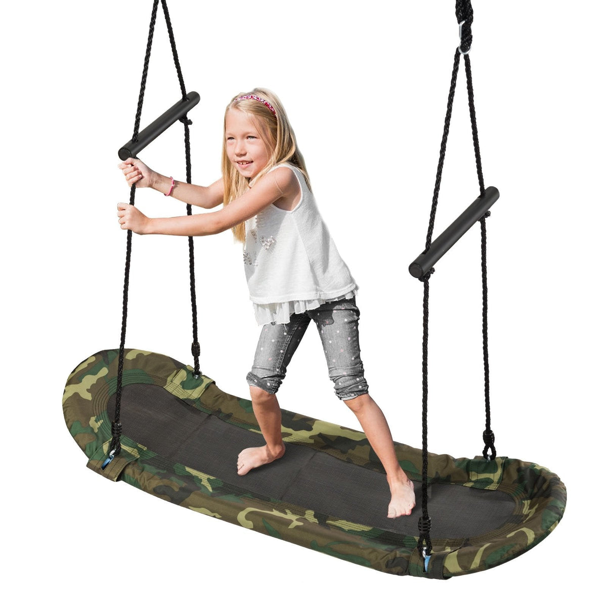 Saucer Tree Swing Surf Kids Outdoor Adjustable Oval Platform Set with Handle-Army Green
