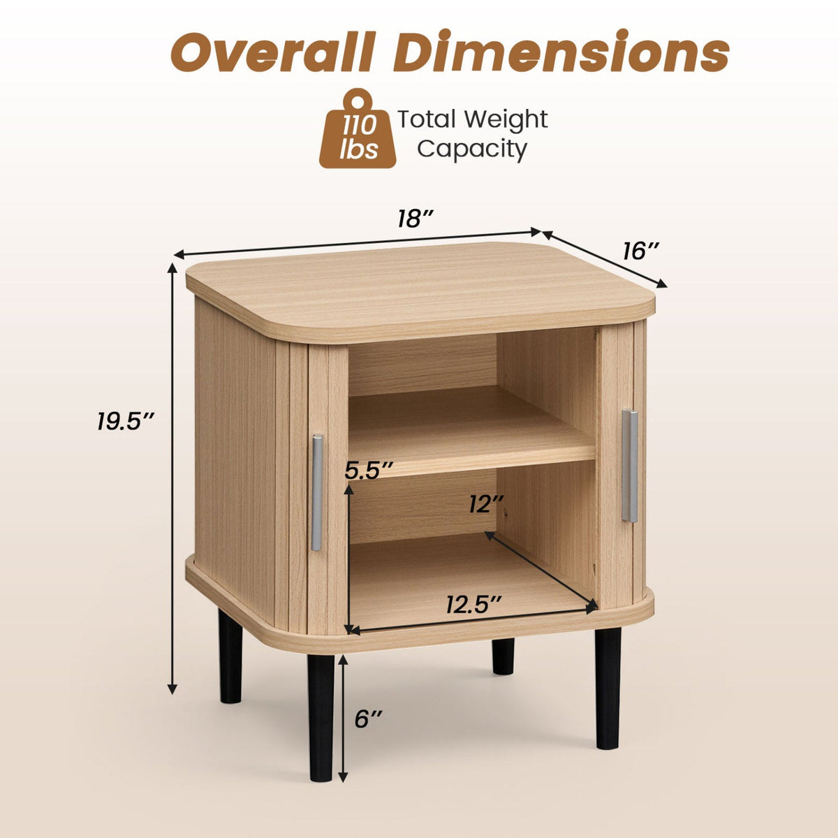 Set of 1 Fluted Nightstand with Sliding Doors and Adjustable Shelf for Small Spaces-Natural