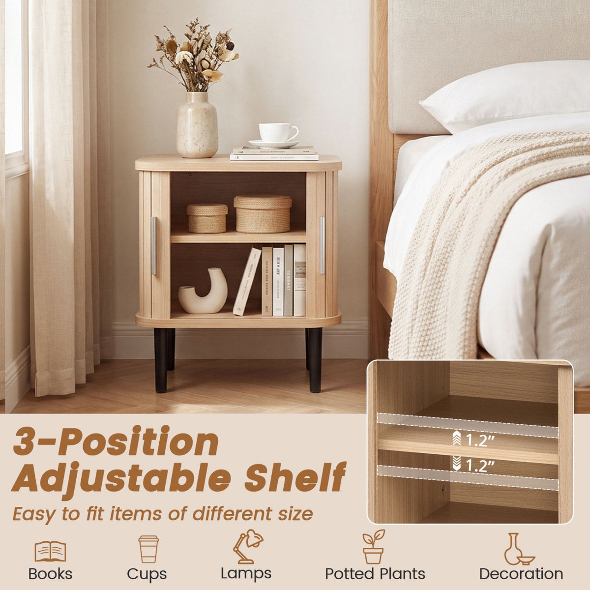 Set of 1 Fluted Nightstand with Sliding Doors and Adjustable Shelf for Small Spaces-Natural