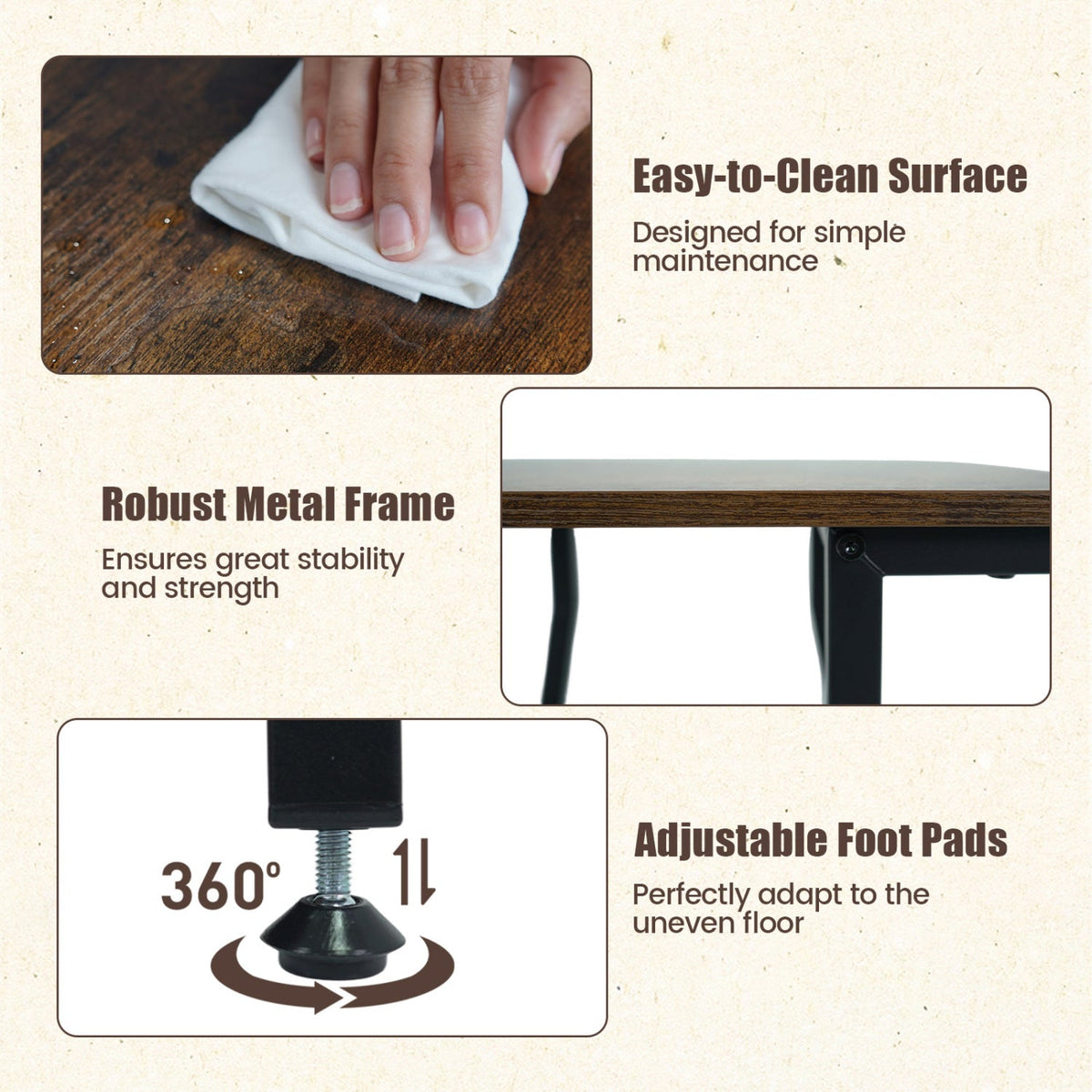 Set of 1 Industrial Side Tables with Charging Station & 3-Tier Shelves for Small Space-Rustic Brown