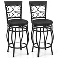 Set of 2 Swivel Counter Height Stools with Scroll Back, Black Metal with Black PU Seat, 25.5 Inch