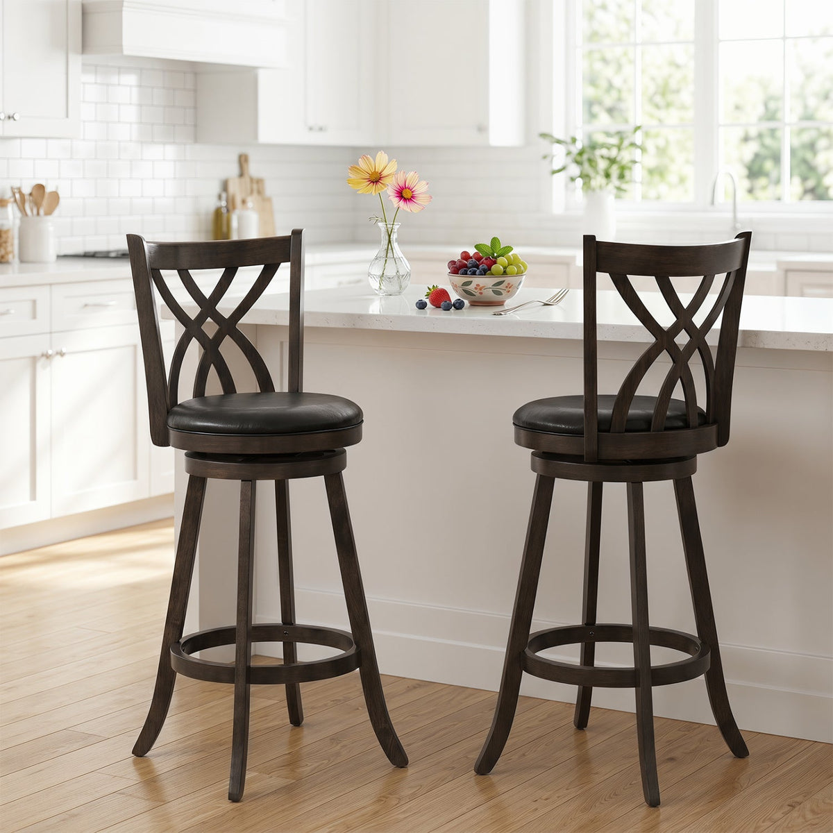 Set of 2 Bar Height Swivel Stools with Hollowed Backs in Grey, 30.5 Inch Seat