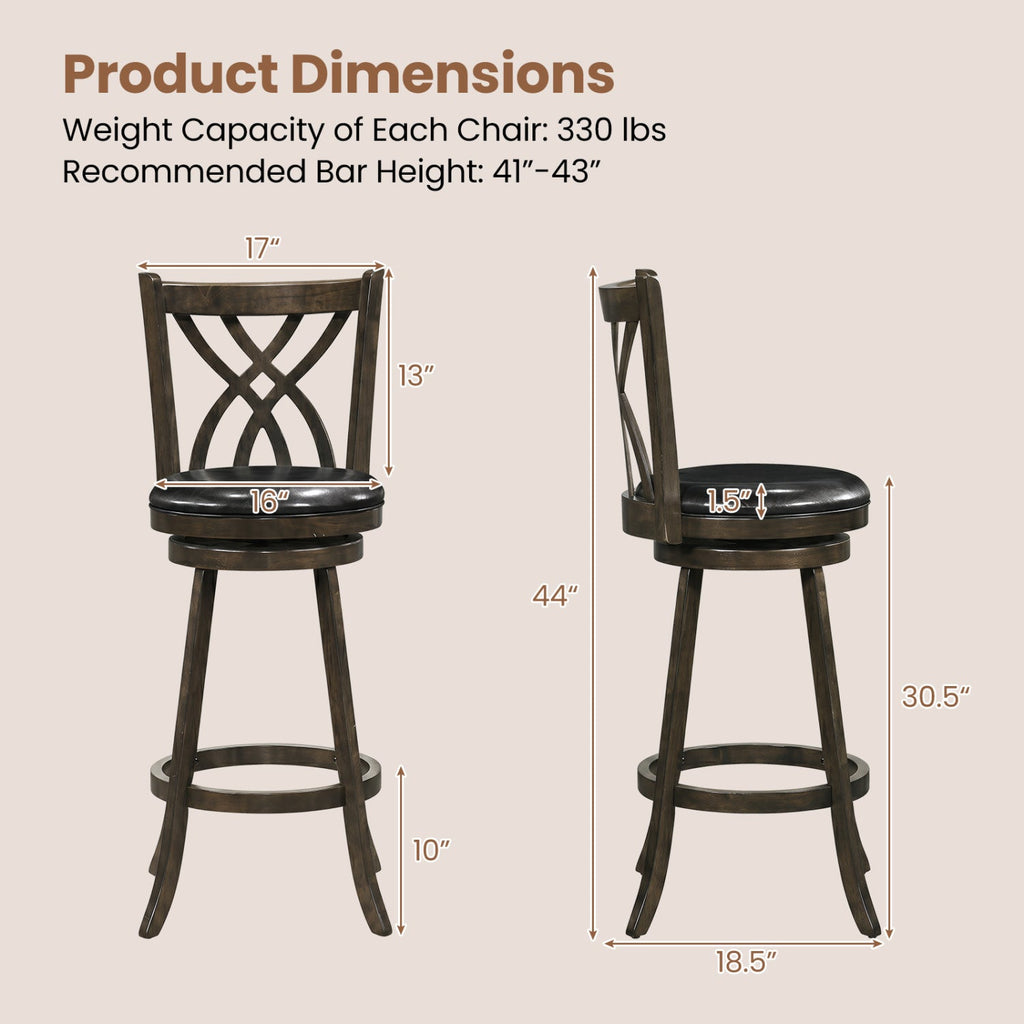 Set of 2 Bar Height Swivel Stools with Hollowed Backs in Grey, 30.5 Inch Seat