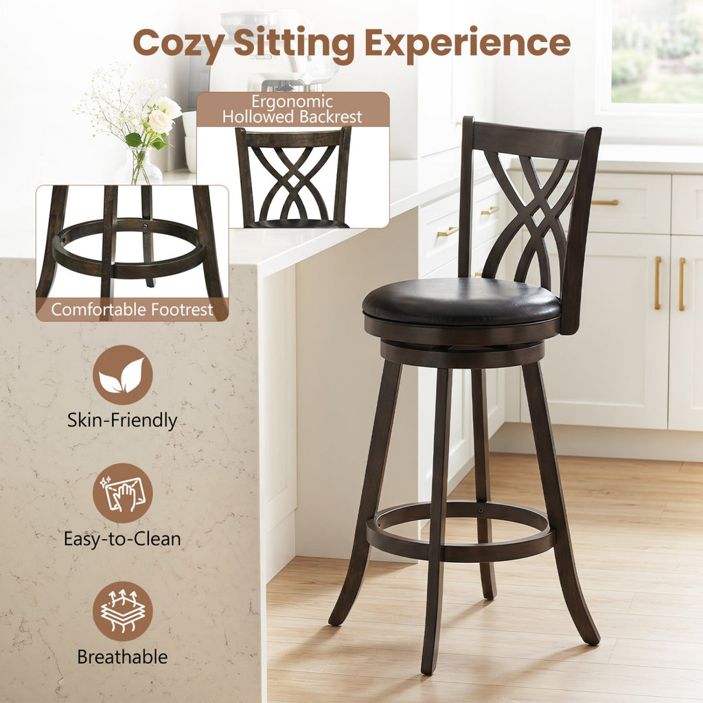 Set of 2 Bar Height Swivel Stools with Hollowed Backs in Grey, 30.5 Inch Seat