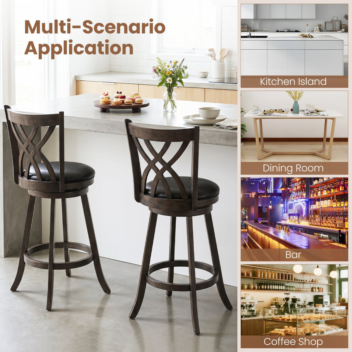Set of 2 Bar Height Swivel Stools with Hollowed Backs in Grey, 30.5 Inch Seat