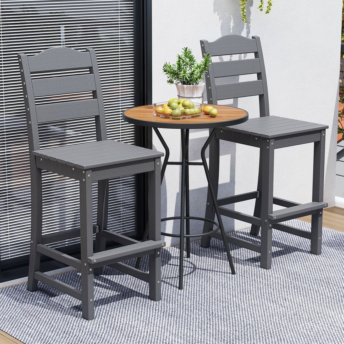 Set of 2 30 Inches HDPE Outdoor Counter Height Bar Stools with Backs-Gray