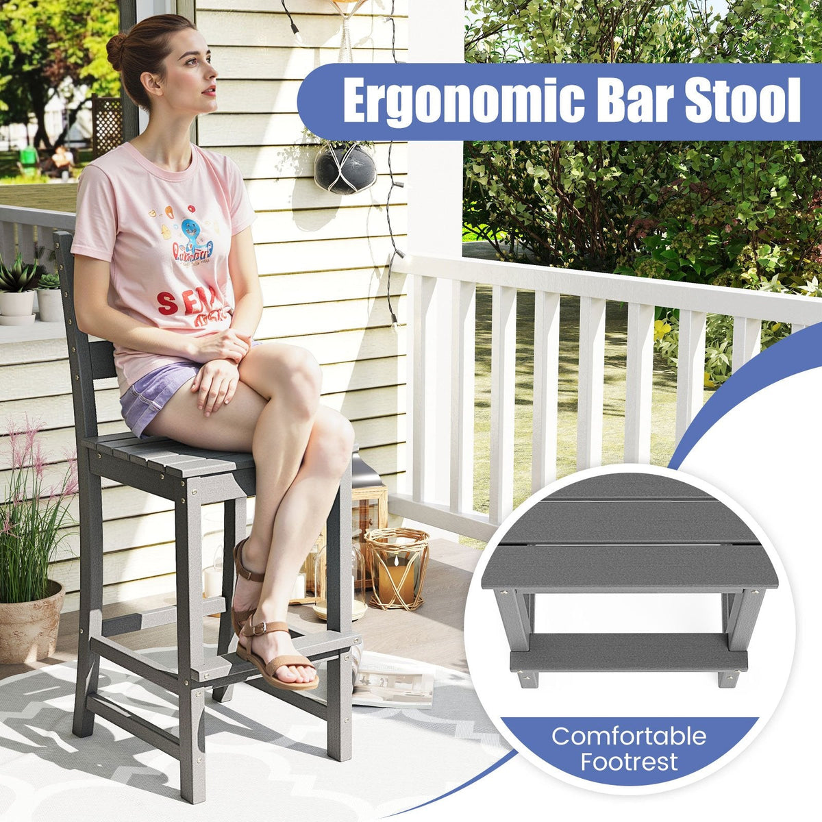 Set of 2 30 Inches HDPE Outdoor Counter Height Bar Stools with Backs-Gray