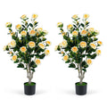 Set of 2 39.5 inches Artificial Camellia Tree with Orange Blossoms in Cement Pot for Decoration-White