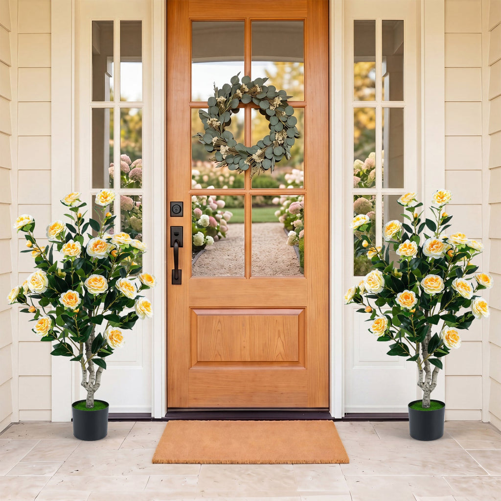 Set of 2 39.5 inches Artificial Camellia Tree with Orange Blossoms in Cement Pot for Decoration-White