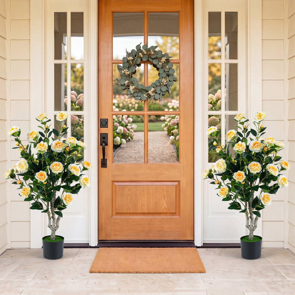 Set of 2 39.5 inches Artificial Camellia Tree with Orange Blossoms in Cement Pot for Decoration-White