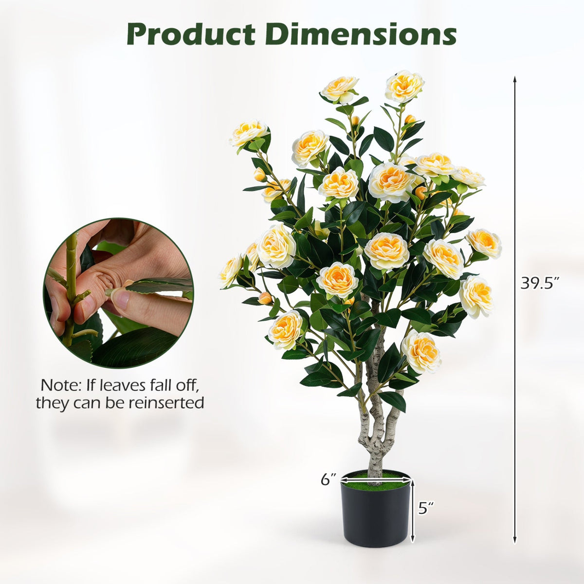 Set of 2 39.5 inches Artificial Camellia Tree with Orange Blossoms in Cement Pot for Decoration-White