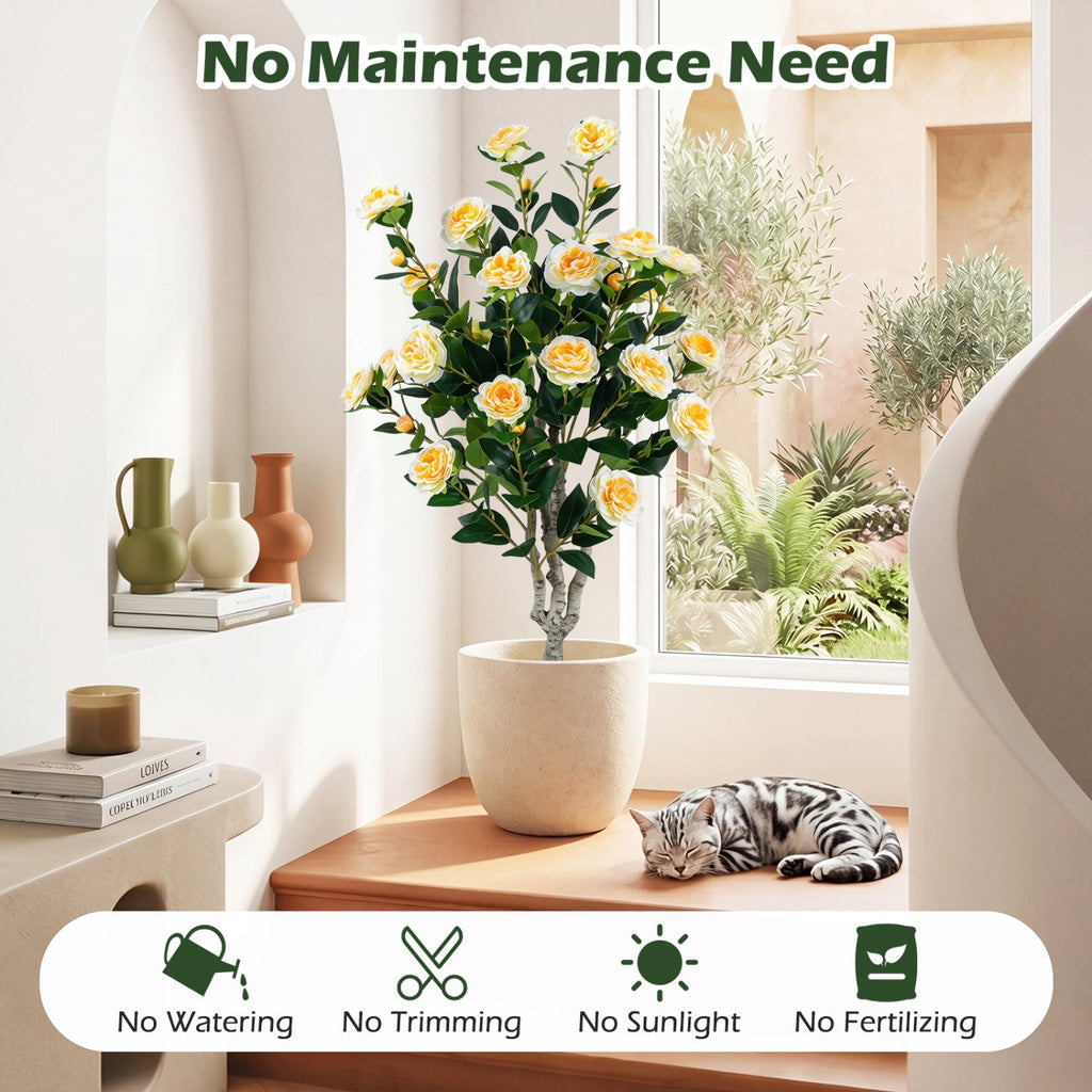 Set of 2 39.5 inches Artificial Camellia Tree with Orange Blossoms in Cement Pot for Decoration-White