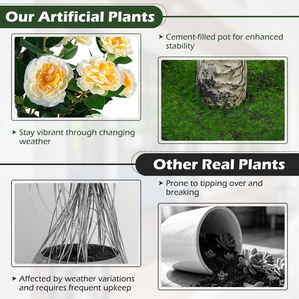Set of 2 39.5 inches Artificial Camellia Tree with Orange Blossoms in Cement Pot for Decoration-White