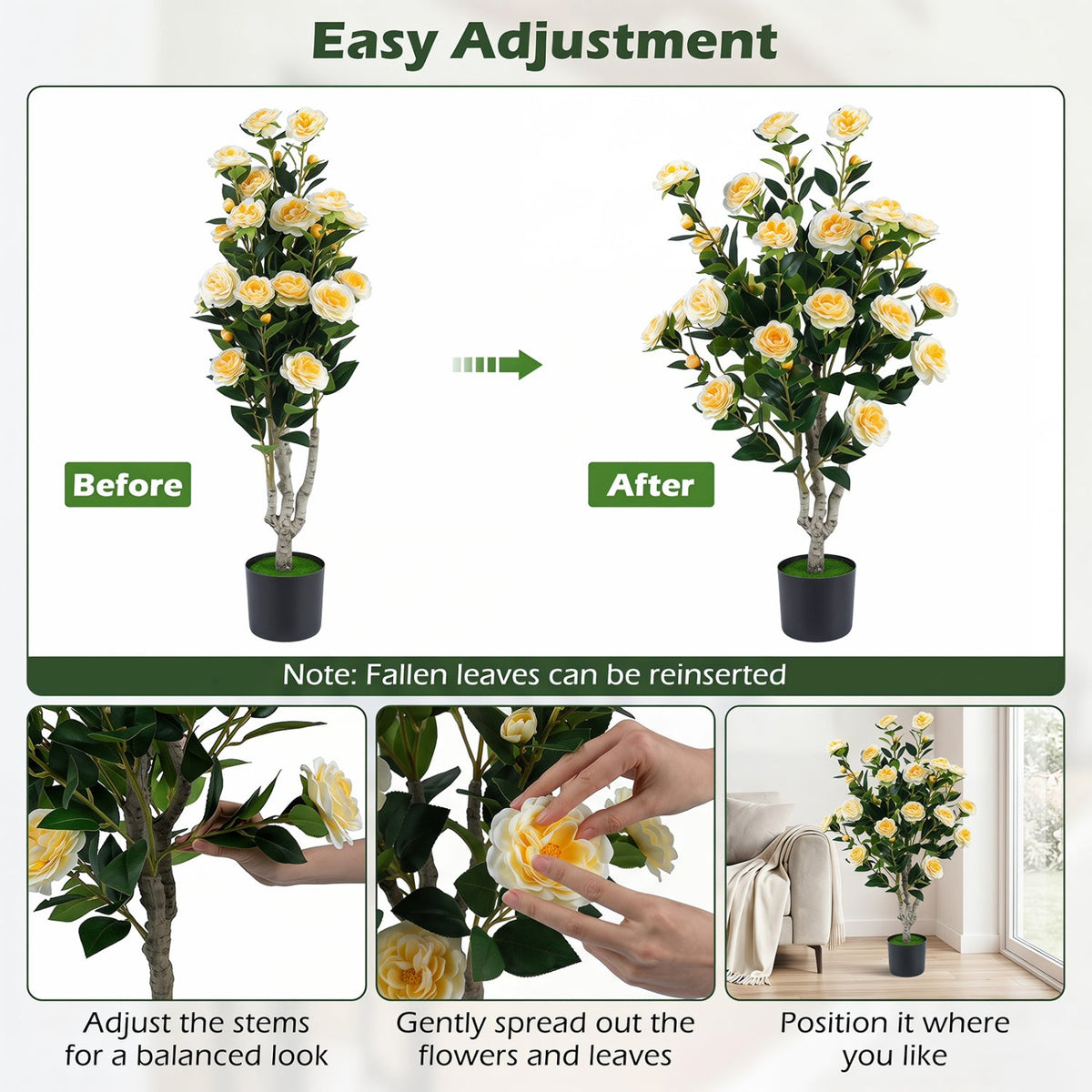 Set of 2 39.5 inches Artificial Camellia Tree with Orange Blossoms in Cement Pot for Decoration-White