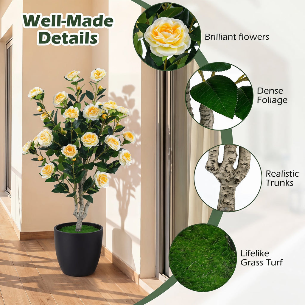 Set of 2 39.5 inches Artificial Camellia Tree with Orange Blossoms in Cement Pot for Decoration-White