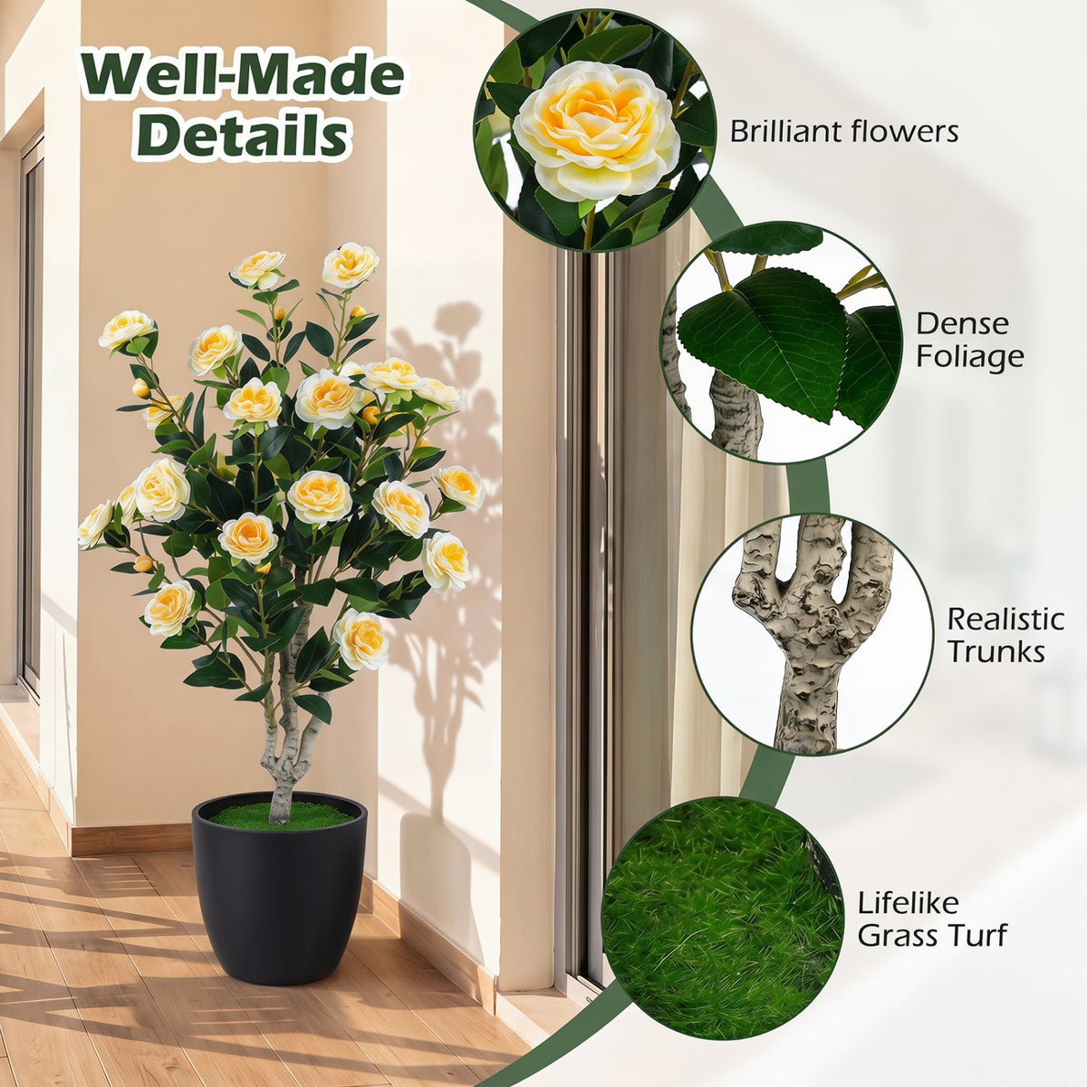 Set of 2 39.5 inches Artificial Camellia Tree with Orange Blossoms in Cement Pot for Decoration-White
