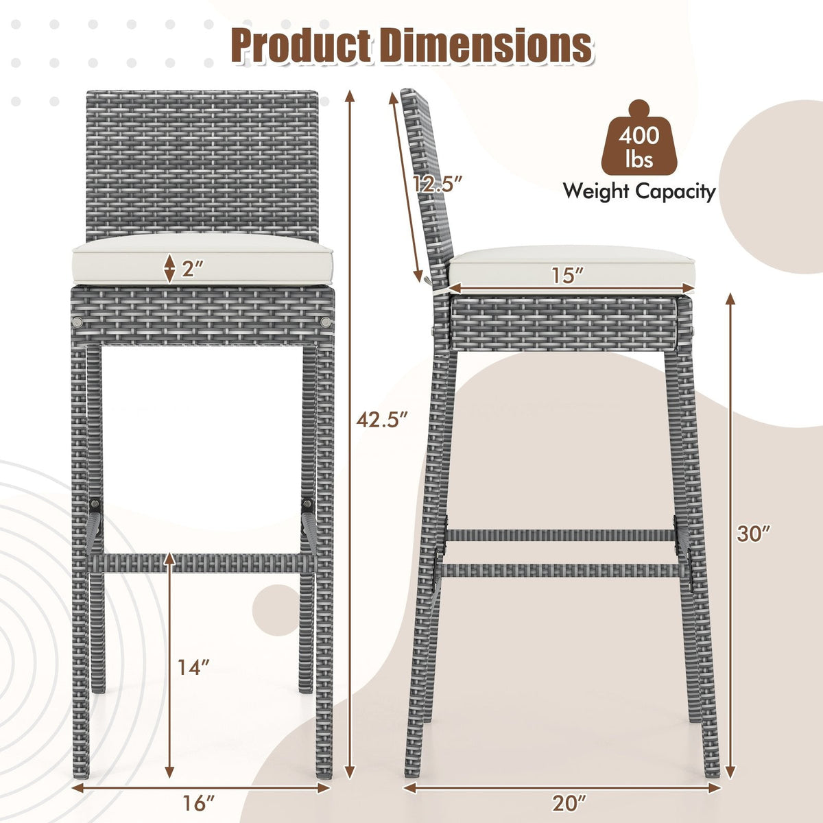 Set of 2/4 Patio Wicker Barstools with Soft Seat Cushion and Cozy Footrest-Set of 4