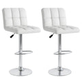 Set of 2 Square Quilted Swivel Bar Stools in White, 25.5 to 33.5 Inch Seat Height