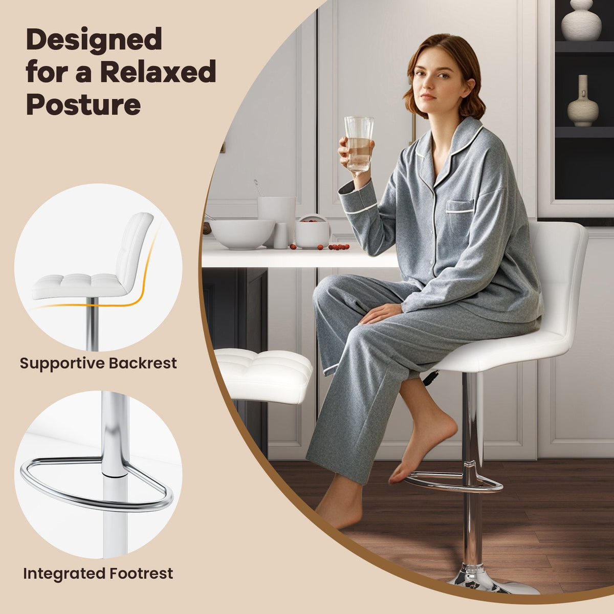 Set of 2 Square Quilted Swivel Bar Stools in White, 25.5 to 33.5 Inch Seat Height