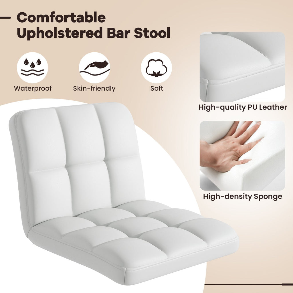Set of 2 Square Quilted Swivel Bar Stools in White, 25.5 to 33.5 Inch Seat Height