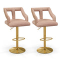 Set of 2 Velvet Bar Chairs with Gold Base and T Shaped Backs in Pink, 25 to 34 Inch Seat
